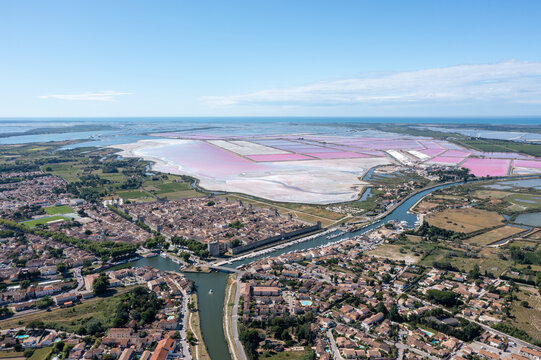 Aigues-Mortes town and salt flats from above sunny day  - Powered by Adobe