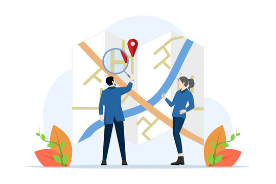 GPS navigation concept. character person looking at the location. Online map. We have moved. City landscape background. Modern flat cartoon style. Vector illustration.