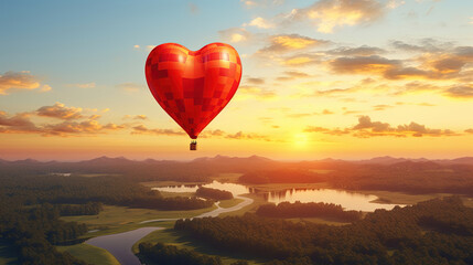 Fototapeta premium Heart-Shaped Hot Air Balloon Soaring in the Sunset Sky: Beautiful Landscape Background with Copy Space. Valentine's Day Banner or Poster.