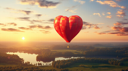 Heart-Shaped Hot Air Balloon Soaring in the Sunset Sky: Beautiful Landscape Background with Copy Space. Valentine's Day Banner or Poster.