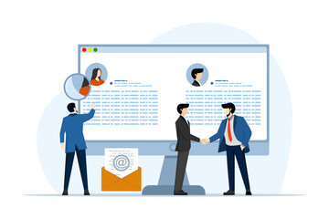 Concept of online recruitment, HR, human resource management, employment. People of Character Choose the Best Candidate for a Job. HR Manager Looking for New Employees. vector flat illustration.