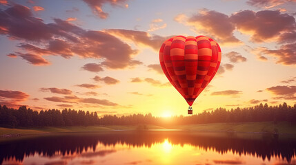 Fototapeta premium Heart-Shaped Hot Air Balloon Soaring in the Sunset Sky: Beautiful Landscape Background with Copy Space. Valentine's Day Banner or Poster.