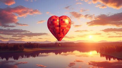Fototapeta premium Heart-Shaped Hot Air Balloon Soaring in the Sunset Sky: Beautiful Landscape Background with Copy Space. Valentine's Day Banner or Poster.