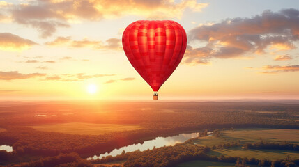 Fototapeta premium Heart-Shaped Hot Air Balloon Soaring in the Sunset Sky: Beautiful Landscape Background with Copy Space. Valentine's Day Banner or Poster.