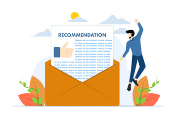 concept of recommendation letter, educational award, award document for applying for a new job, guarantee of experience or qualifications, businessman with recommendation letter in email envelope.