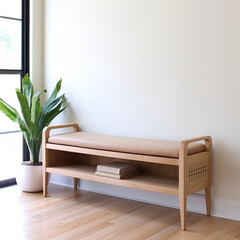 Modern living room interior with wooden sofa and plant. Nobody inside.