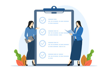 Self-assessment concept, evaluating yourself for personal development or work improvement concept. woman checking boxes on achievement list notepad paper. flat vector illustration on white background. - obrazy, fototapety, plakaty