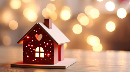Beautiful Wooden Real Estate House Toy on Heart Shaped Love Bokeh Background. Perfect for Valentine's Day, Christmas, Mother's Day, Women's Day. Banner or Poster.