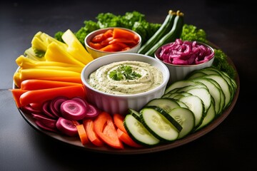 A platter of colorful vegetable crudit?(C)s with a bowl of tangy dip in the center. - obrazy, fototapety, plakaty