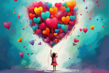 Colorful Balloons Abstract Wall Art: Multicolor Balloons in a Child's Heart Painting. Mother's Day or Father's Day Concept. Background Illustration for Banner or Poster - Powered by Adobe