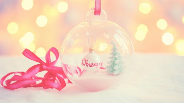 Christmas glass transparent ball with pink ribbon hanging over the snow, background in golden fire light blur bokeh