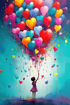 Colorful Balloons Abstract Wall Art: Multicolor Balloons in a Child's Heart Painting. Mother's Day or Father's Day Concept. Background Illustration for Banner or Poster