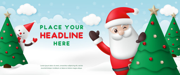 3d Merry Christmas and Happy new year invitation banner with Santa claus, snowman and christmas trees on the snow background for greeting card, kid wallpaper, decoration party. Vector illustration