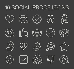 Social Proof concept icons set. Trust-building icons for credibility and reputation. Customer satisfaction, quality assurance, and positive feedback symbols. Flat vector illustration.