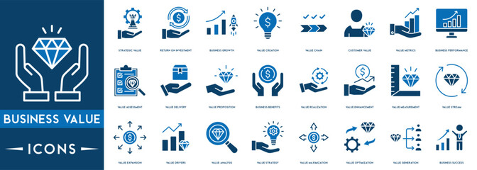 Business Value icon vector illustration concept with icon of diamond, Rocket launch, Light bulb, Return on Investment and Expansion. - obrazy, fototapety, plakaty