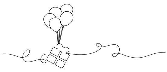 line art of gifts and party balloons - obrazy, fototapety, plakaty