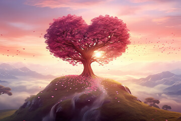 Ethereal Artwork. Heart Shaped Tree in a Picturesque Landscape, Symbolizing Love and Valentine's...