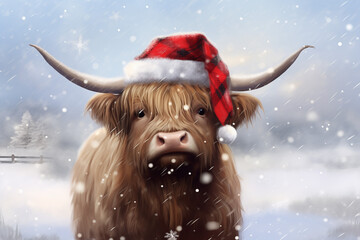 Highland Cow in the Snow - obrazy, fototapety, plakaty