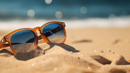 Fototapeta na wymiar Sunglasses on the sand, concept of rest by the water, vacation trip