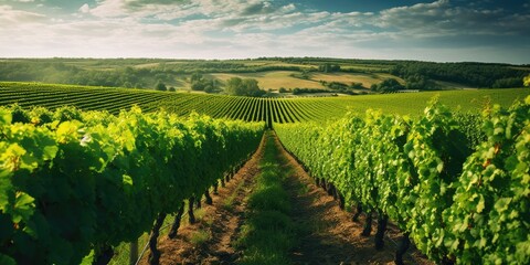 Fototapeta na wymiar healthy vineyard in summertime. gentle hills in the background. harmonic styled image. 