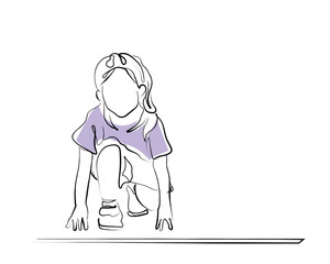 hand drawn line art vcetor of a little girl ready to start running game on the line of outdoor arena. Kids athletics. games and sports concept art