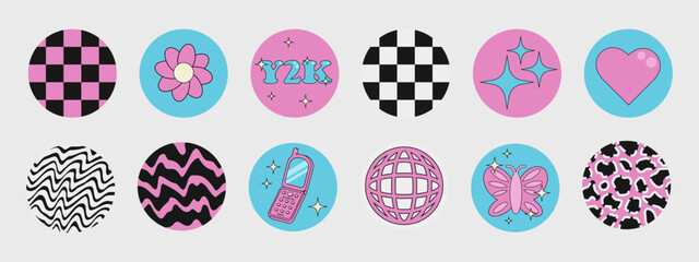 Round retro y2k stickers, labels, symbols, drawings, story highlights, logos, emblems, objects, backgrounds. Vector design elements.