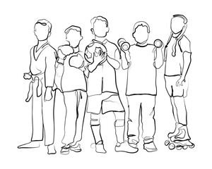 hand drawn line art vector of Sports and activities for children. Group of joyful boys and a girls engaged in various sports posing together. Education. Isolated over white background.