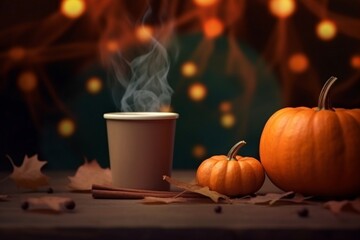 Paper cups of hot coffee with pumpkin spice on dark background.