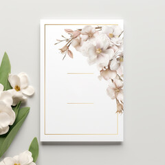 Floral banner, mockup on light background for wedding invitation, greeting card, anniversary, in white gold colors