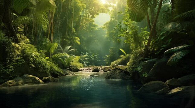 a beautiful scene river in the forest, seamless looping 4K video animation background