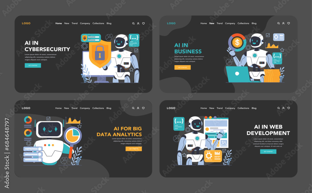 Poster ai integration dark or night mode web or landing set. artificial intelligence, neural network assist