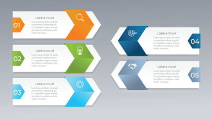 Timeline infographic template design with arrows. Business concept with 5 options, steps, sections.