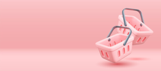 Empty shopping baskets on pink background. 3d vector illustration.	
