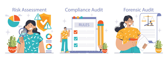 Fototapeta premium Audit processes set. Diligent woman examines data for risk assessment. Eager man ensures compliance with checklist. Forensic review with justice scales documentation. Flat vector illustration