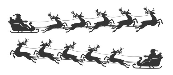 Silhouette of Santa Claus in a sleigh full of gifts with flying reindeer. Merry Christmas and Happy New Year decoration