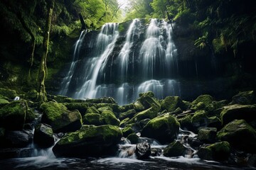 A pristine waterfall cascading down moss-covered rocks, surrounded by lush, untouched wilderness.