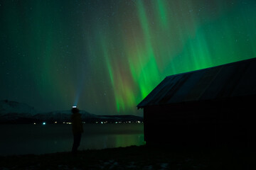 Green Northern Lights Dancing in Arctic skies above a Norweigan lake and mountain.   Person with...