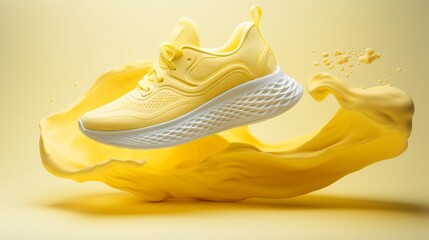 An up-close shot of a yellow sneaker in motion, showcasing its texture and design on a minimalist white background - obrazy, fototapety, plakaty