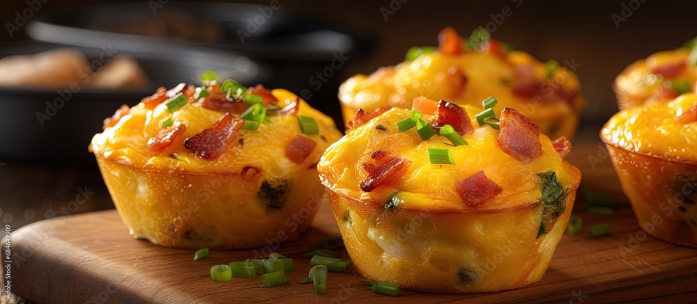 Poster Breakfast on the go idea Bacon and cheddar egg muffins recipe copy space image