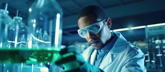African scientist in lab testing chemicals for future development copy space image
