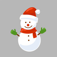 Snowman isolated on gray background. The character is dressed in a Santa hat, mittens, and a scarf. Merry festive snowman. Cartoon style. Holiday, Christmas and winter theme. Vector illustration.