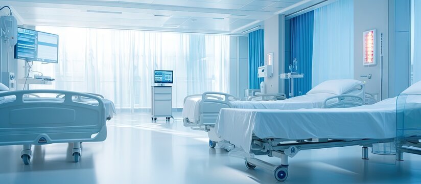 Blurred LCD monitor displays empty beds in deserted hospital s emergency room copy space image