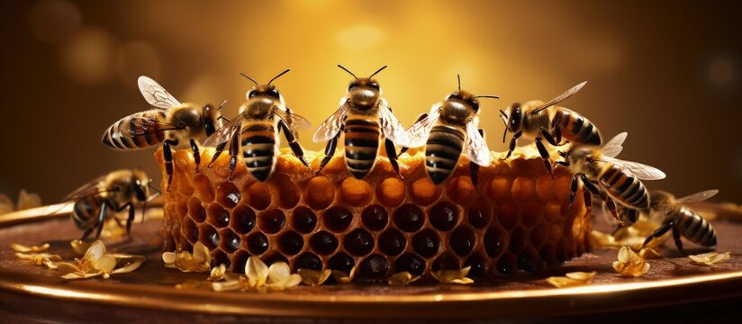 Attendants encircling queen bee in cage copy space image