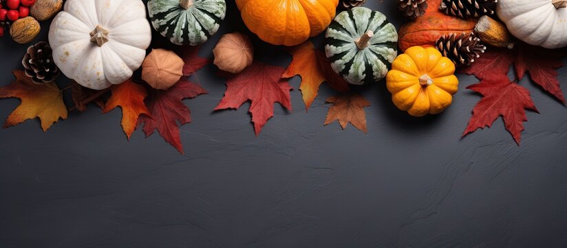 Autumn themed flat lay with pine cones pumpkins dried leaves and a pumpkin latte on a dark grey stone surface top view copy space copy space image