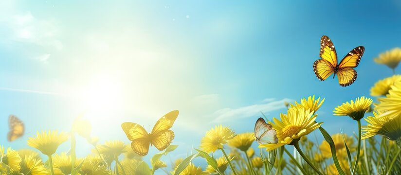 Butterflies gracefully floating on yellow flowers amidst green nature open sky and shining sun copy space image