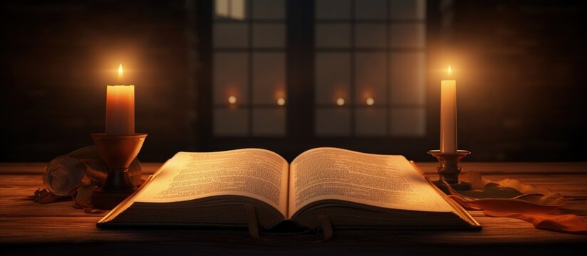 Candlelit bible on a table copy space image