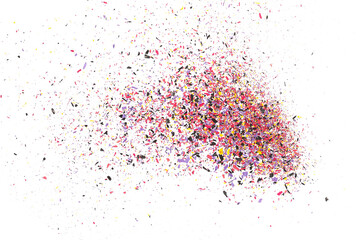 Colorful chalk pieces and powder flying, isolated on white, clipping path