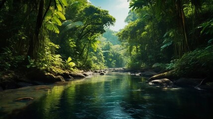 Tropical forest on a sunny day, different types of vegetation and a calm river, journey to the jungle
