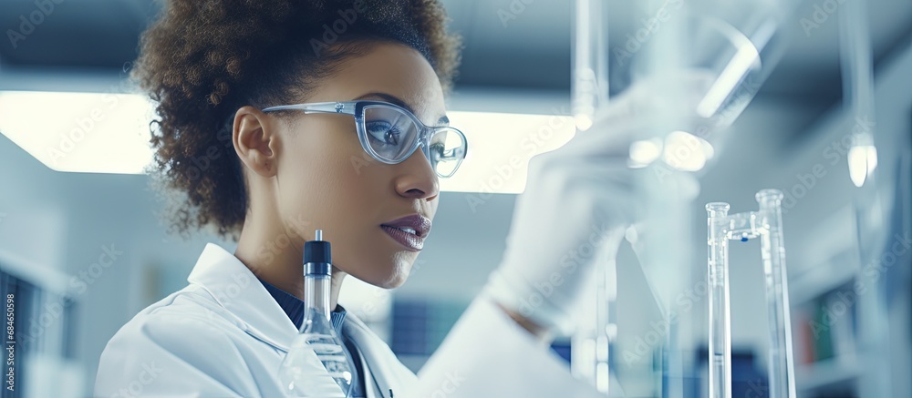 Poster African scientist in lab testing chemicals for future development copy space image