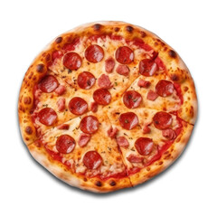 Pepperoni pizza with melted cheese on a transparent background, top view.
